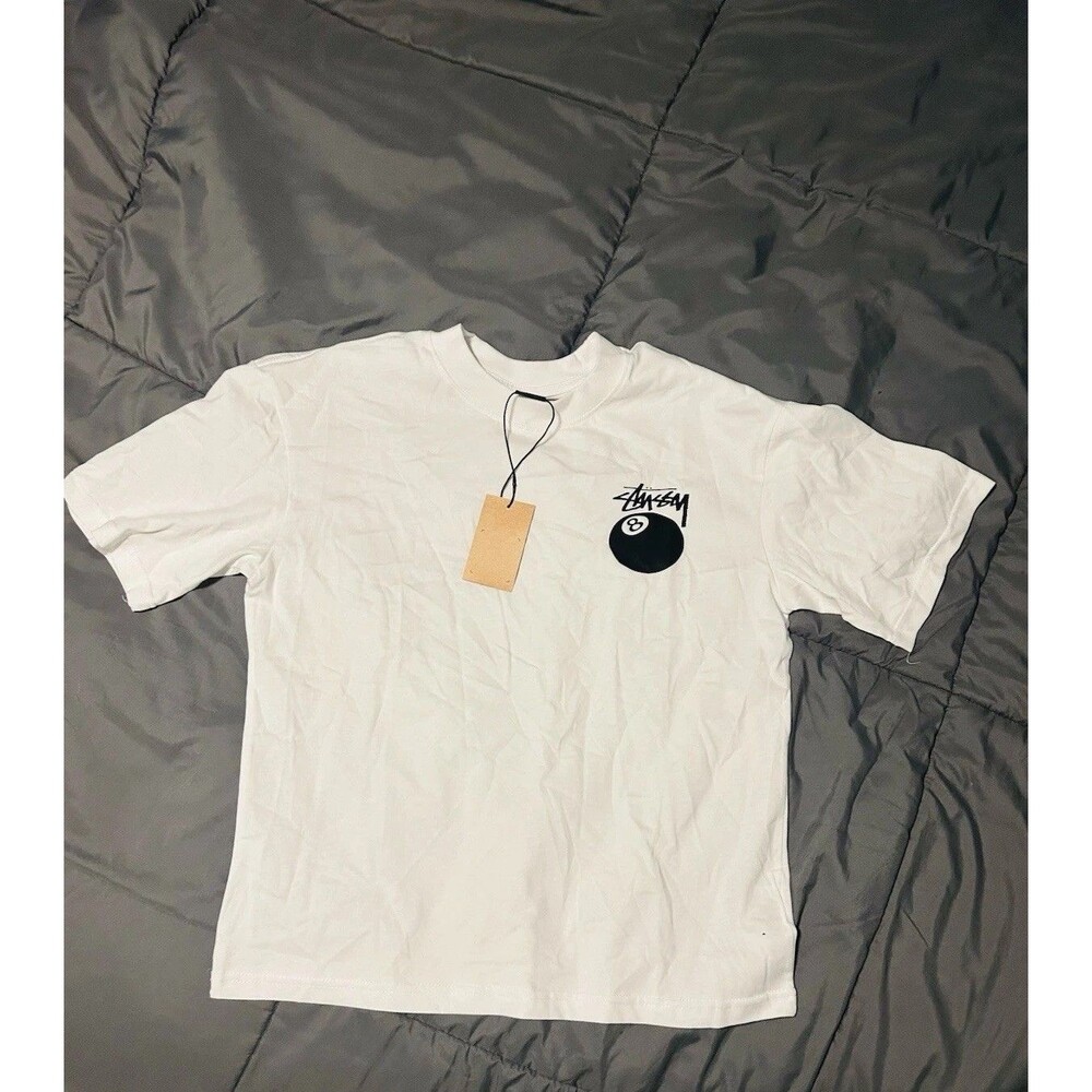 Stussy Men's White Short Sleeve T-Shirt Medium 8 Ball Logo Graphic Print